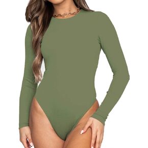 Allchic Womens Long Sleeve Bodysuit Tops Round Neck T Shirt Sexy Jumpsuits