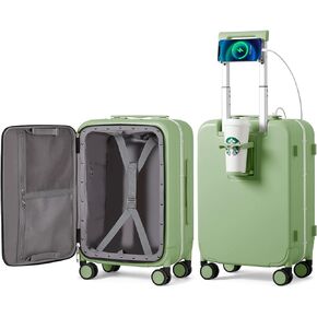 mixi Carry On Luggage with Cup Phone Holder and Charger Hard Shell Suitcases with Spinner Wheels, 20 Inch Avocado Green