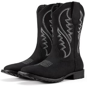 أحذية Rollda Cowboy للرجال أحذية غربية للرجال بمقدمة مربعة وكعب مكتنز وكعب متوسط ​​الساق، أحذية كلاسيكية مطرزة وسحب على الأحذية باللون الأسود مقاس 10 in Kuwait