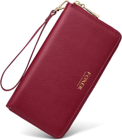 محافظ جلدية بسحاب حول محافظ للنساء من FOXLOVER، صندوق هدايا من الجلد الطبيعي بسحاب RFID يحتوي على 17 فتحة للبطاقات ومحافظ طويلة للسيدات مع جيب للعملات المعدنية بسحاب ومحافظ نسائية مع سوار معصم (أحمر) in Kuwait