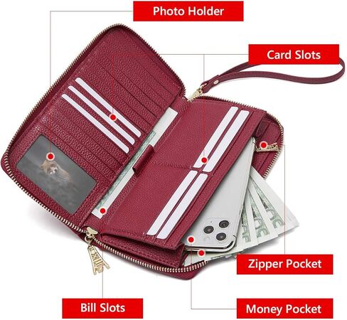 محافظ جلدية بسحاب حول محافظ للنساء من FOXLOVER، صندوق هدايا من الجلد الطبيعي بسحاب RFID يحتوي على 17 فتحة للبطاقات ومحافظ طويلة للسيدات مع جيب للعملات المعدنية بسحاب ومحافظ نسائية مع سوار معصم (أحمر) in Kuwait