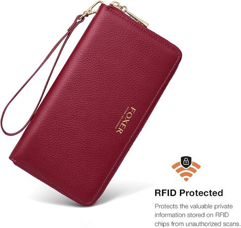 محافظ جلدية بسحاب حول محافظ للنساء من FOXLOVER، صندوق هدايا من الجلد الطبيعي بسحاب RFID يحتوي على 17 فتحة للبطاقات ومحافظ طويلة للسيدات مع جيب للعملات المعدنية بسحاب ومحافظ نسائية مع سوار معصم (أحمر) in Kuwait