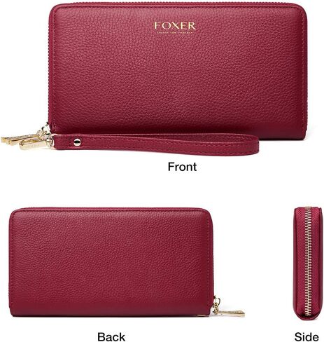 محافظ جلدية بسحاب حول محافظ للنساء من FOXLOVER، صندوق هدايا من الجلد الطبيعي بسحاب RFID يحتوي على 17 فتحة للبطاقات ومحافظ طويلة للسيدات مع جيب للعملات المعدنية بسحاب ومحافظ نسائية مع سوار معصم (أحمر) in Kuwait