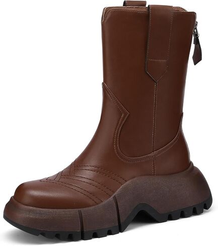 Celbreez منصة أحذية للنساء كعب مكتنز جولة اصبع القدم منصة الكاحل الجوارب مع الرمز البريدي الخلفي إسفين كعب جلد منتصف العجل الأحذية in Kuwait