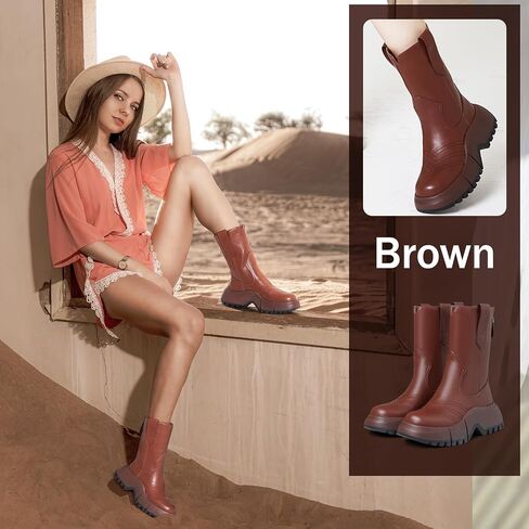 Celbreez منصة أحذية للنساء كعب مكتنز جولة اصبع القدم منصة الكاحل الجوارب مع الرمز البريدي الخلفي إسفين كعب جلد منتصف العجل الأحذية in Kuwait