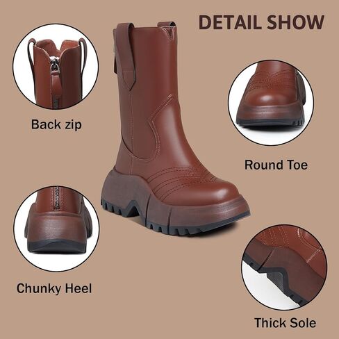 Celbreez منصة أحذية للنساء كعب مكتنز جولة اصبع القدم منصة الكاحل الجوارب مع الرمز البريدي الخلفي إسفين كعب جلد منتصف العجل الأحذية in Kuwait