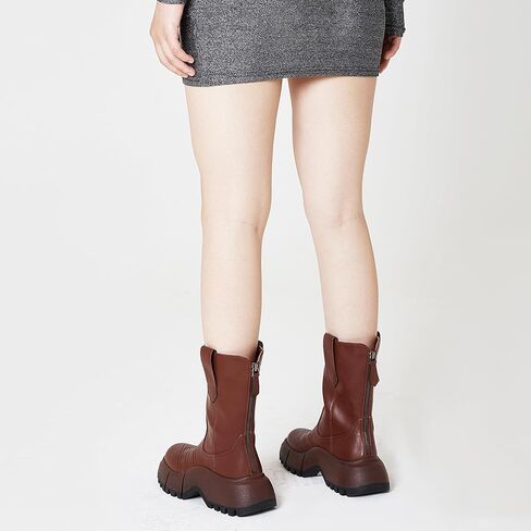 Celbreez منصة أحذية للنساء كعب مكتنز جولة اصبع القدم منصة الكاحل الجوارب مع الرمز البريدي الخلفي إسفين كعب جلد منتصف العجل الأحذية in Kuwait