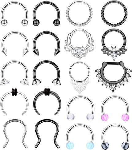 ZELORES 20Pcs 16G Septum Rings Horseshoe Septum Jewelry Stainless Steel Lip Nose Rings Hoops Helix Tragus Earrings Daith Cartilage Piercing Jewelry Silver Black Septum Ring Set for Women Men 8mm 10mm in Saudi Arabia