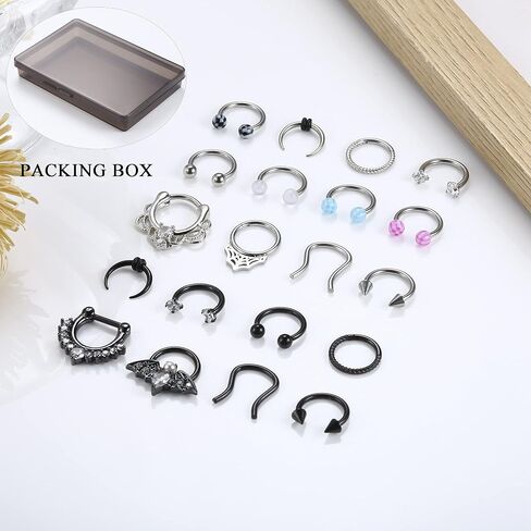 ZELORES 20Pcs 16G Septum Rings Horseshoe Septum Jewelry Stainless Steel Lip Nose Rings Hoops Helix Tragus Earrings Daith Cartilage Piercing Jewelry Silver Black Septum Ring Set for Women Men 8mm 10mm in Saudi Arabia