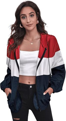 سترة SweatyRocks النسائية ذات السحاب الملون خفيفة الوزن والمرقعة الرياضية سترة واقية من الرياح معطف خارجي in Kuwait