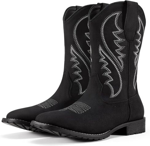 أحذية Rollda Cowboy للرجال أحذية غربية للرجال بمقدمة مربعة وكعب مكتنز وكعب متوسط ​​الساق، أحذية كلاسيكية مطرزة وسحب على الأحذية باللون الأسود مقاس 10 in Kuwait