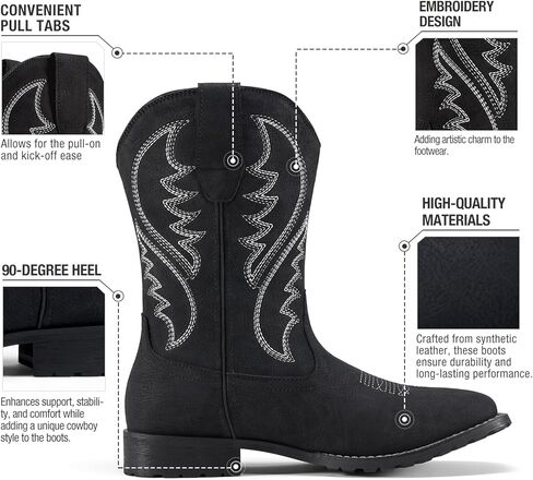 أحذية Rollda Cowboy للرجال أحذية غربية للرجال بمقدمة مربعة وكعب مكتنز وكعب متوسط ​​الساق، أحذية كلاسيكية مطرزة وسحب على الأحذية باللون الأسود مقاس 10 in Kuwait