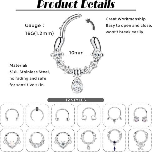 حلقات الحاجز 16G من CASSIECA، مجوهرات الحاجز الفولاذي الجراحي، حلقات الأنف المفصلية، أقراط الغضروف على شكل حدوة الحصان، أقراط حلزونية، الزنمة، مجوهرات ثقب المجوهرات in Kuwait