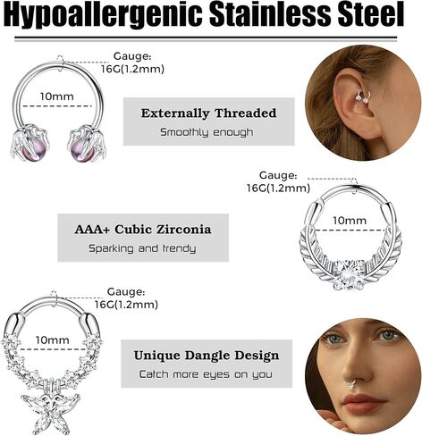 حلقات الحاجز 16G من CASSIECA، مجوهرات الحاجز الفولاذي الجراحي، حلقات الأنف المفصلية، أقراط الغضروف على شكل حدوة الحصان، أقراط حلزونية، الزنمة، مجوهرات ثقب المجوهرات in Kuwait