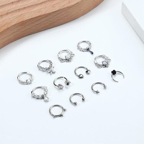 حلقات الحاجز 16G من CASSIECA، مجوهرات الحاجز الفولاذي الجراحي، حلقات الأنف المفصلية، أقراط الغضروف على شكل حدوة الحصان، أقراط حلزونية، الزنمة، مجوهرات ثقب المجوهرات in Kuwait