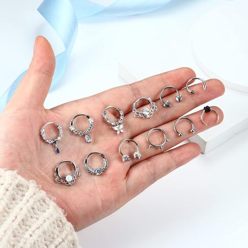 حلقات الحاجز 16G من CASSIECA، مجوهرات الحاجز الفولاذي الجراحي، حلقات الأنف المفصلية، أقراط الغضروف على شكل حدوة الحصان، أقراط حلزونية، الزنمة، مجوهرات ثقب المجوهرات in Kuwait