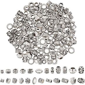 NBEADS 150 Pcs 15 Styles African Hair Beads, Beard Beads Big Hair Beads Tibetan Style Alloy Dreadlock Beads African Beads for Men Women Hair Braids Hair Decoration, Silver/Golden/Bronze, Hole 5-9mm
