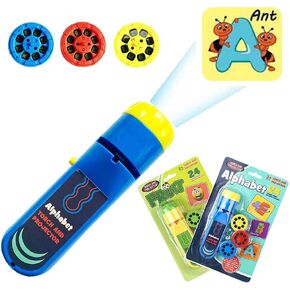 Handheld Flashlight Projector for Kids, 2 Themes 48 Images Early Educational Bedtime Story Baby Toy, Torch Light Wall Ceiling Gift for Toddler Boys Girls (Alphabet+Fruit)