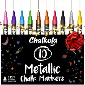 Metallic Chalk Markers (10 Pack) Liquid Chalk Pens - For Blackboards, Chalkboard, Bistro Menu, Window - Wet Wipe Erasable - 6mm Reversible Bullet & Chisel Tip