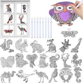 28 Pcs Color Your Own Animal Mandala Window Clings and Markers, DIY Kits for Adults Stained Glass Kit Window Art Craft Kits for Kids Women Teens Home Window Decorations