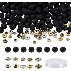 FASHEWELRY Mala Yoga Men Bracelet Making Kit - 220pcs Natural Gemstone Lava Rock Tiger Eye Beads Healing Crystal Chakra Stone Beads with Black Nylon String for Essential Oil Diffuser Jewelry Making