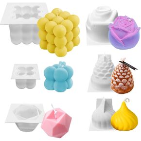 6 Pack Silicone Candle molds, MaehSab 3D Bubble Cube Wax Candle Making Mold, Diamond Cube Rose Onion Pinecone Candle Mould for Candle Handmade DIY
