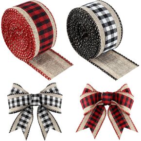2 Rolls Christmas Buffalo Plaid Ribbons Burlap Wired Edge Plaid Ribbons Check Gingham Fabric Craft Ribbon for DIY Bows Wrapping Decoration, 6 Yards Long Each (Black-White,1.5 Inch Width)