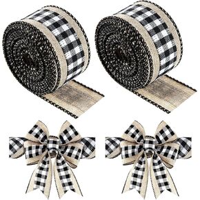 2 Rolls Christmas Buffalo Plaid Ribbons Burlap Wired Edge Plaid Ribbons Check Gingham Fabric Craft Ribbon for DIY Bows Wrapping Decoration, 6 Yards Long Each (Black-White,1.5 Inch Width)