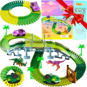 TOYLI Dinosaur Race Track Set 182 Pieces, Dino Track Flexible Dinosaur Road Race Playset with Bridge, Ramps, Dinosaur Track Toy Set is a Great 3 Year Old boy Gift.