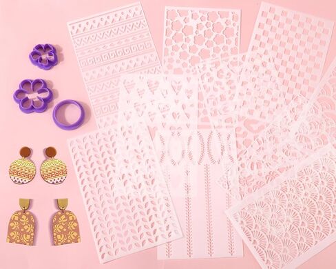 BABORUI 10Pcs Clay Texture Sheets for Polymer Clay, Reusable Clay Stamps Stencils with 2Pcs Scraper, Polymer Clay Tools Embossing Stamp Mats for Printing on Clay Earring Jewelry in Saudi Arabia