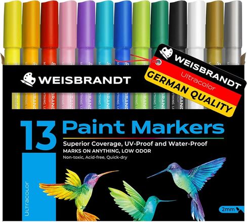 أقلام تحديد أكريليك من WEISBRANDT للرسم الصخري، والورق، والبلاستيك، والسيراميك، والزجاج، والخشب، والمعادن، وحرف سجل القصاصات، وصناعة البطاقات، والقماش. ذو أساس مائي، غير سام، سريع الجفاف، طرف متوسط، 13 لونًا in Kuwait