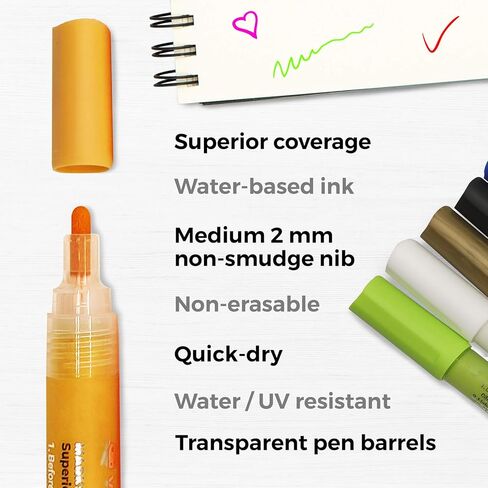 أقلام تحديد أكريليك من WEISBRANDT للرسم الصخري، والورق، والبلاستيك، والسيراميك، والزجاج، والخشب، والمعادن، وحرف سجل القصاصات، وصناعة البطاقات، والقماش. ذو أساس مائي، غير سام، سريع الجفاف، طرف متوسط، 13 لونًا in Kuwait