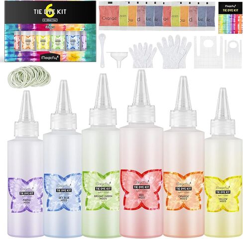 مجموعة صبغ ربطات العنق 84 قطعة من Magicfly، مجموعة كبيرة الحجم من 6 ألوان لصبغ القماش، مجموعة صبغات الربط بخطوة واحدة، مثالية للمخيمات الصيفية، والحفلات، والمناسبات المدرسية، ولم شمل الأسرة والأنشطة الجماعية in Kuwait