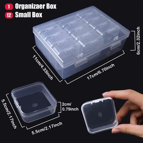 12pcs Mini Clear Plastic Beads Storage Box Small Empty Organizer Box with Hinged Lid for Storage of Small Items, Jewelry,Hardware,DIY Art Craft Accessory (2.12 x 2.12 x 0.79 inch) in Saudi Arabia