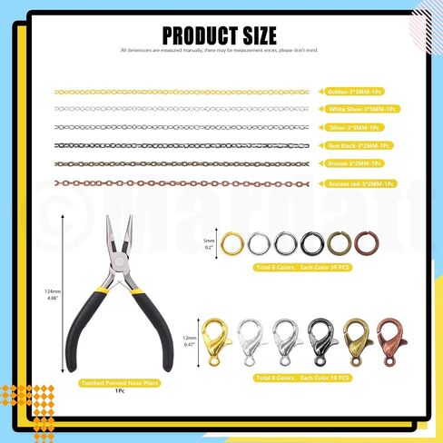 Mardatt 247Pcs 6 Colors 60ft Metal Jewelry Making Chains with Jewelry Pliers Lobster Clasps and Open Jump Rings, Jewelry Findings Supplies for Necklace Earring Bracelet DIY Craft in Saudi Arabia