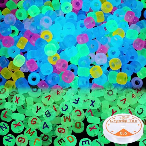 Neng-Q 1500pcs Glow in The Dark Pony Beads Bulk 4x7 Letter Alphabet Beads Hair Beads Braids for Girls Plastic Beads Colorful Acrylic Beads for DIY Bracelets Making with Crystal String in Kuwait