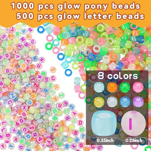 Neng-Q 1500pcs Glow in The Dark Pony Beads Bulk 4x7 Letter Alphabet Beads Hair Beads Braids for Girls Plastic Beads Colorful Acrylic Beads for DIY Bracelets Making with Crystal String in Kuwait