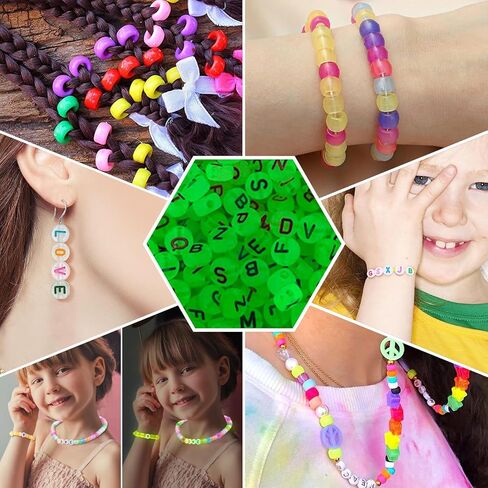 Neng-Q 1500pcs Glow in The Dark Pony Beads Bulk 4x7 Letter Alphabet Beads Hair Beads Braids for Girls Plastic Beads Colorful Acrylic Beads for DIY Bracelets Making with Crystal String in Kuwait