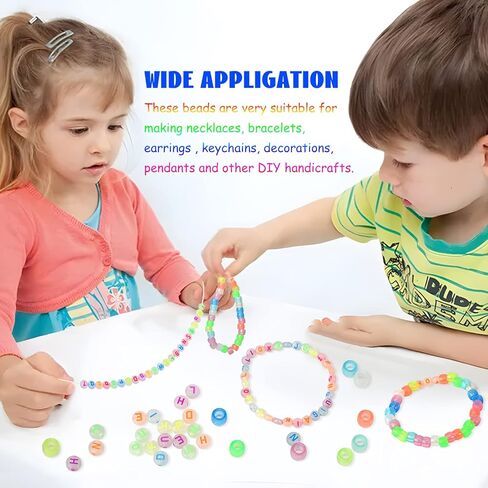 Neng-Q 1500pcs Glow in The Dark Pony Beads Bulk 4x7 Letter Alphabet Beads Hair Beads Braids for Girls Plastic Beads Colorful Acrylic Beads for DIY Bracelets Making with Crystal String in Kuwait