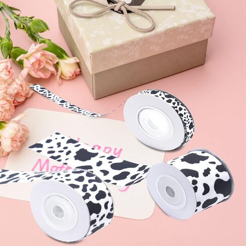 RYKOMO 3 Rolls 15 Yards White Black Cow Print Ribbon Cow Print Wrapping Ribbon Grosgrain Cow Ribbon Burlap Craft Ribbons Gift Wrapping Ribbon Animal Print Ribbon for DIY Crafts Party Decorations in Kuwait