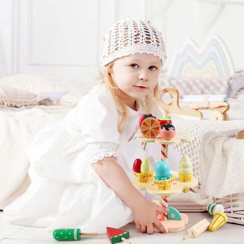 ألعاب الآيس كريم من ستيفن تويز، حامل آيس كريم خشبي للتظاهر بمجموعة ألعاب طعام المطبخ، مجموعة لعب الآيس كريم للأطفال الصغار من البنات والأولاد من سن 3 4 5 6 سنوات، طعام وإكسسوارات للتظاهر باللعب in Kuwait