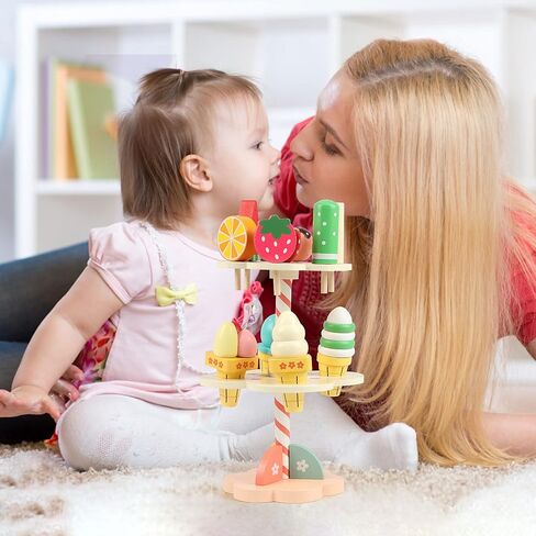 ألعاب الآيس كريم من ستيفن تويز، حامل آيس كريم خشبي للتظاهر بمجموعة ألعاب طعام المطبخ، مجموعة لعب الآيس كريم للأطفال الصغار من البنات والأولاد من سن 3 4 5 6 سنوات، طعام وإكسسوارات للتظاهر باللعب in Kuwait
