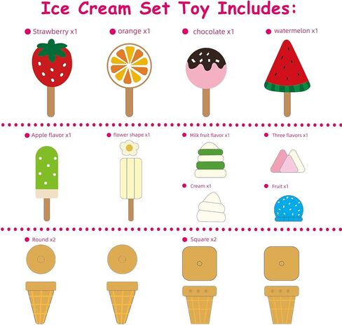 ألعاب الآيس كريم من ستيفن تويز، حامل آيس كريم خشبي للتظاهر بمجموعة ألعاب طعام المطبخ، مجموعة لعب الآيس كريم للأطفال الصغار من البنات والأولاد من سن 3 4 5 6 سنوات، طعام وإكسسوارات للتظاهر باللعب in Kuwait