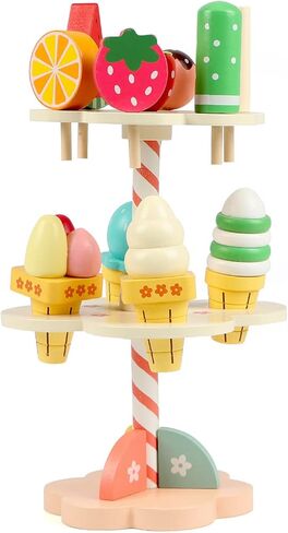 ألعاب الآيس كريم من ستيفن تويز، حامل آيس كريم خشبي للتظاهر بمجموعة ألعاب طعام المطبخ، مجموعة لعب الآيس كريم للأطفال الصغار من البنات والأولاد من سن 3 4 5 6 سنوات، طعام وإكسسوارات للتظاهر باللعب in Kuwait