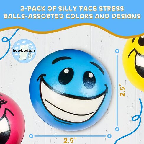 عبوة من كرات الضغط على الوجه المضحك مقاس 6.35 سم من هوبوديز (2) عبوة من كرات الضغط، كرة إسفنجية لتخفيف القلق ومفضلة للحفلات، هدية أو جوارب تخزين (ألوان وتصميمات متنوعة) in Kuwait