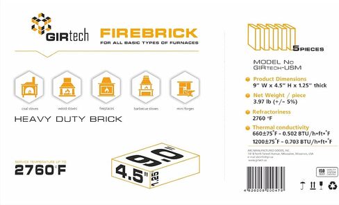 GIRtech USM-5 Heavy Duty Fire Brick 2760F Pack of 5 Fire Bricks for Construction and Internal Lining Domestic Heating Units Fireplaces, Steel Furnaces, Wood Stoves, Ceramics Kilns, Blacksmith Forge in Kuwait