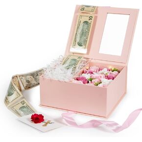 Money Pull Box for Cash Gift - Luxury Money Pull Out Flower Gift Box with Lid Flower and Ribbon, Unique Birthday Gift Box for Wife, Girlfriend, Mother, Friend (Black)