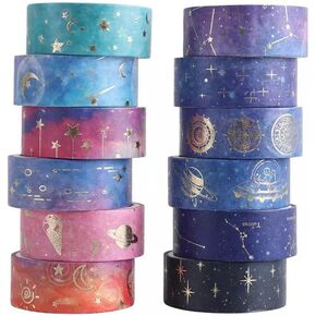 شريط كيروسلي 12 رول جالاكسي واشي، شريط لاصق رقاقة ذهبية واشي، قمر، نجوم، سلستيال، شريط ورقي مزخرف ذاتي، تغليف هدايا، الحرف زخرفية. in Kuwait