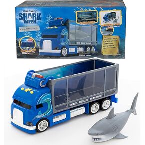 SHARK WEEK Discovery - Rescue Transport Truck Toy Playset for Kids, Includes Moving Toy Truck with Lights and Sounds, Great White Shark Tank, Hand Painted, Realistic, Eco Friendly, Officially Licensed in Saudi Arabia