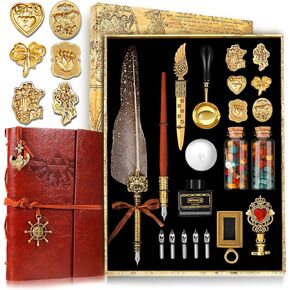 HBGQQ Quill Pen Ink Set,Wax Seal Stamp Kit Feather Ink Set Includes Quill Pen,7 Seal Heads(5D Relief Seal),Notebook,2 Bottles Wax Beads,Beautiful Gift Calligraphy Set,Christmas Gifts-Grey in Saudi Arabia